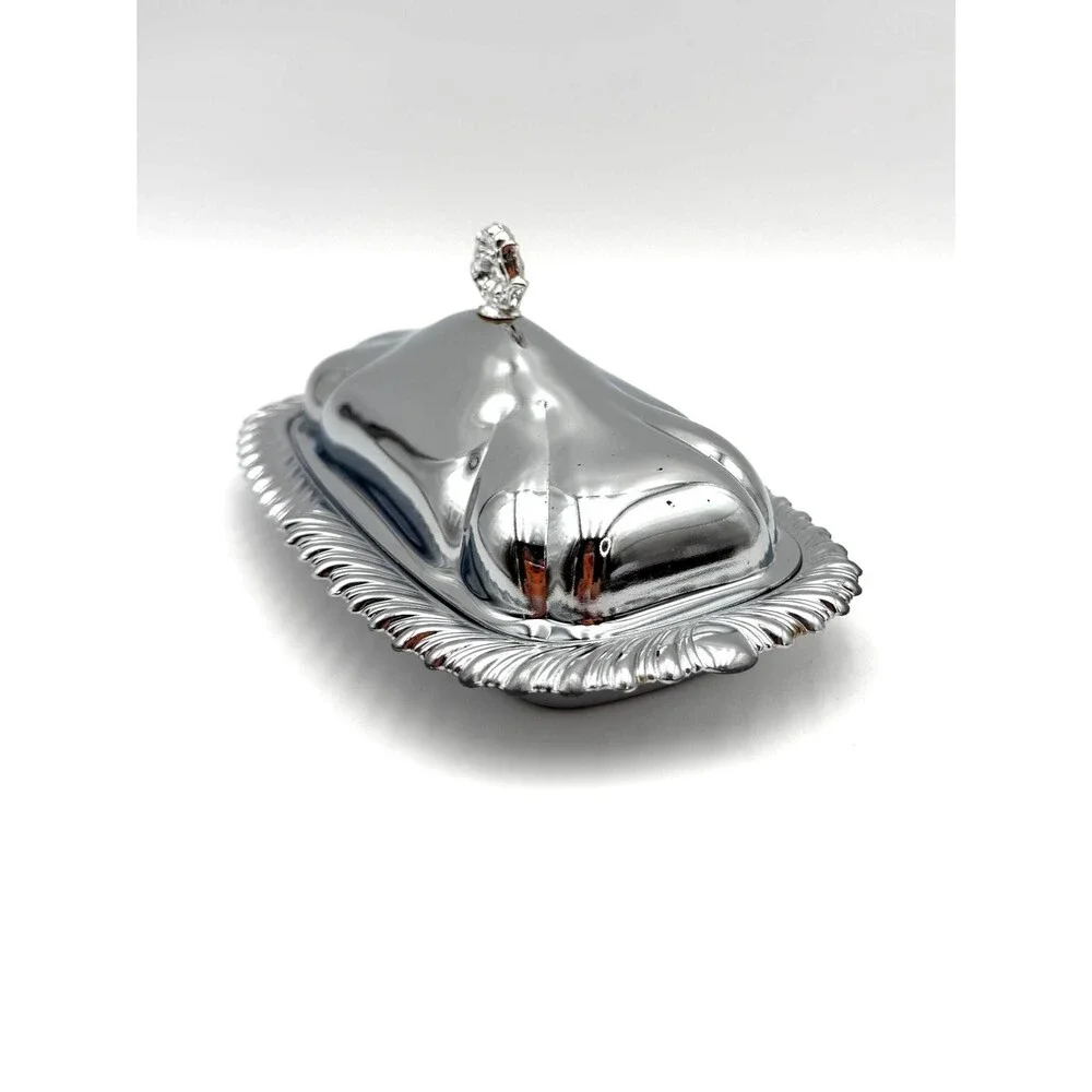 Vintage Silver Metal Butter Dish with Lid Glass Covered Butter Dish